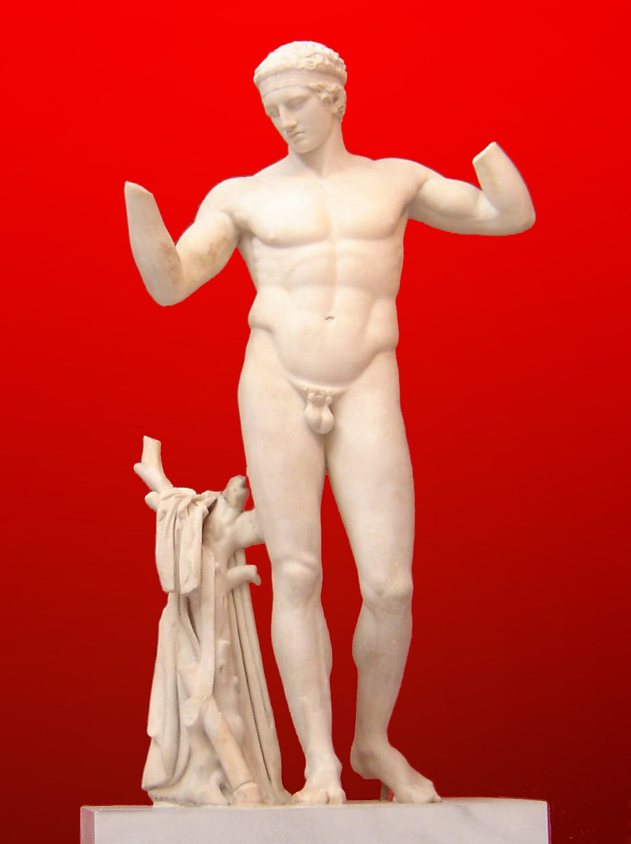 Escultura de un joven atlético en posición de artilugio.