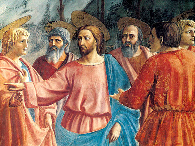 Un primer plano de Cristo mientras le ordena a Pedro que recupere una moneda de la boca de un pez.