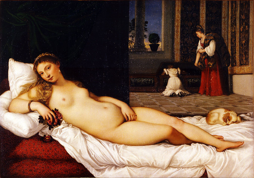 A nude woman reclines on a bed, grapes in her hand. There is a small dog at her feet. The room has an air of wealth: rich red fabrics along side pristine whites, and tapestries hanging on the walls. There are also servants visible in the back of the room.