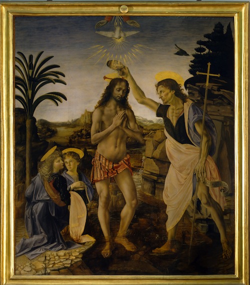 There are four figures in the painting: Jesus Christ, John the Baptist, and two angels. All have halos indicating their divinity. John is pouring water from a small bowl over Christ’s head, and we see God the Father’s hands releasing the Holy Spirit in the form of a dove above this scene. The two angels are kneeling in worship behind the baptism.