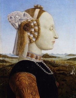 A profile portrait of a woman. Her skin is so light it is almost white, and her features seem more idealized than realistic.