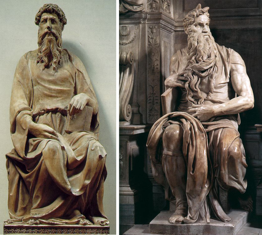 A two-part image. Part a is Donatello’s St. John. This sculpture of Saint John doesn't have the sense of life that Moses does. John is looking at some distance scene, just as Moses is, but John's expression appears more serene. John's limbs appear to be at rest, while Moses has a kind of tension throughout his body. Part b is a photograph of Moses, showing the sculpture from head to toe. The detail in incredible; Moses's beard is long and curled over his hands. Moses is also sculpted with two horns coming from the crown of his head.