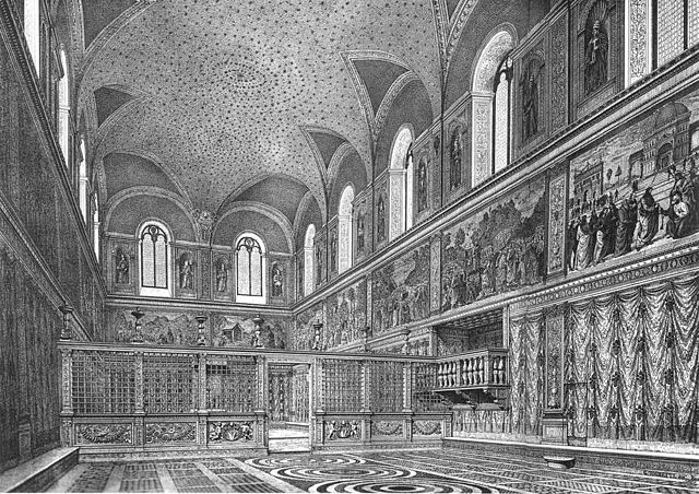 An engraving which attempts to reconstruct the probable appearance of the interior of the Sistine Chapel before the internal reorganisation, the moving of the screen; and the painting of the ceiling and Last Judgement by Michelangelo.