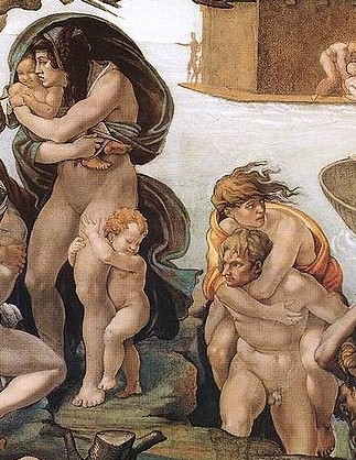 A mother holding her child while another clings to her leg. A young man is holding a young woman on his back. These figures are all standing on the edge of a seeming unending body of water.