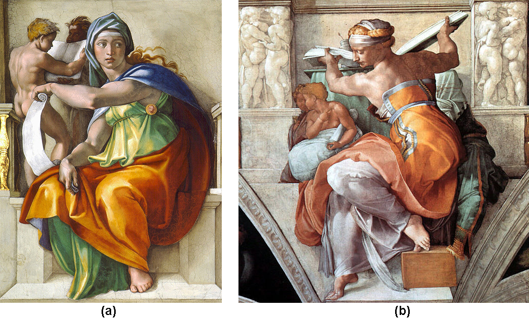 A two-part image. In figure a, The Delphic sybil sits on a low stone wall holding an unravelled scroll in one hand. This hand crosses her body, and the scroll unfurls behind her leg. In figure b, The Libyan sibyl sits with her back to us, shoulders bared by her dress. She is lifting a book and turning towards us, so her face is in profile and her feet are turned out away from the table her book was resting on. Her arms are muscular
