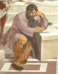 Detail of Heraclitus, whose features are based on Michelangelo's, and whose complex seated pose is based on the prophets and sibyls from Michelangelo's frescos on the Sistine Chapel ceiling