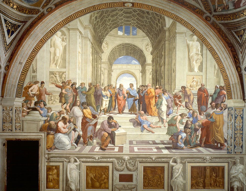 A large room constructed with classical roman arches. The room is filled with philosophers and great thinkers.