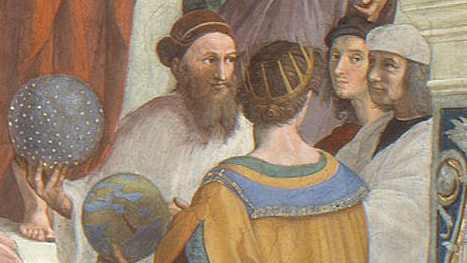 Close up of Ptolemy and Raphael. Raphael is a young man wearing red clothing.
