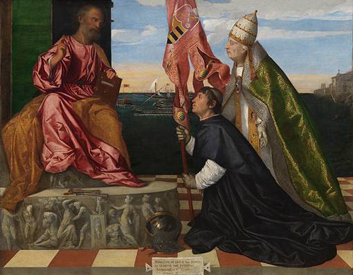 San Pedro es entrono. Jacopo se arrodilla en el suelo ante él en súplica mientras el papa se para a su lado, gesticulando a Jacopo.