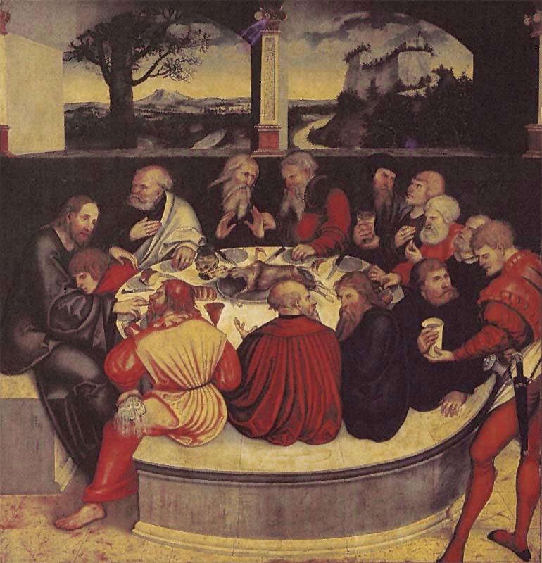 The last supper. Christ and the twelve apostles sit around a circular table. A bench encircles nearly the entire table, but Christ is sitting on a chair separate from the apostles' bench.