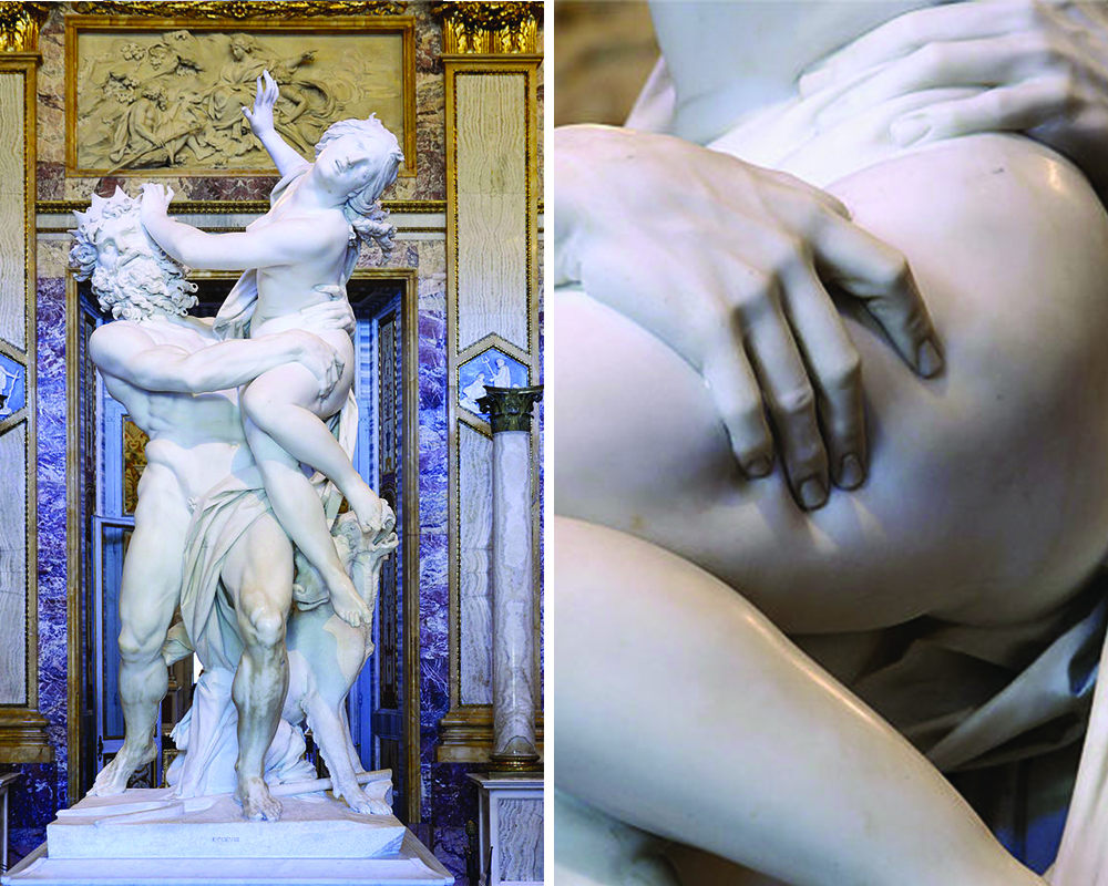 On the left is a photograph of the full sculpture of Pluto and Proserpina; on the right is a photograph of the details of Pluto’s hand on Proserpina’s thigh. The sculpture depicts Pluto seizing Proserpina in his arms while she tries to escape his grasp, pushing her hand into his face. There is an amazing level of detail and realism in this work. Pluto’s fingers press into Proserpina’s thigh, making the marble appear like flesh.