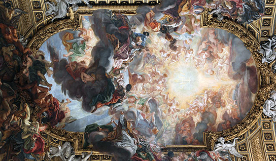 This painting is also known as the Worship or the Adoration. The focal point of the painting is a bright light, representing Christ and his glory. Worshippers surround this light. The ceiling painting is meant to include the viewers (especially congregations). To accomplish this, the painter has shown figures at differing distances, some appearing to be in our space, rising into the sky with other. The mural is surrounded with a gilded frame.