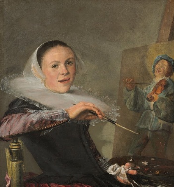 Leyster has painted herself in the act of completing a portrait of a minstrel. Her body is turned toward the painting, but her face is towards the viewer. She holds a paint palette and a brush, while looking at the viewer with a half-smile.