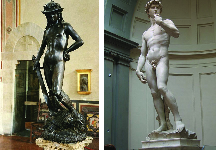 Donatello’s and Michelangelo's Davids. Michelangelo's is a full nude, one hand brought up and the other resting at his side. Donatello’s wears a hat and sandals. One hand is on his hip while the other holds a sword, with its point on the ground. David’s foot in on Goliath’s head.