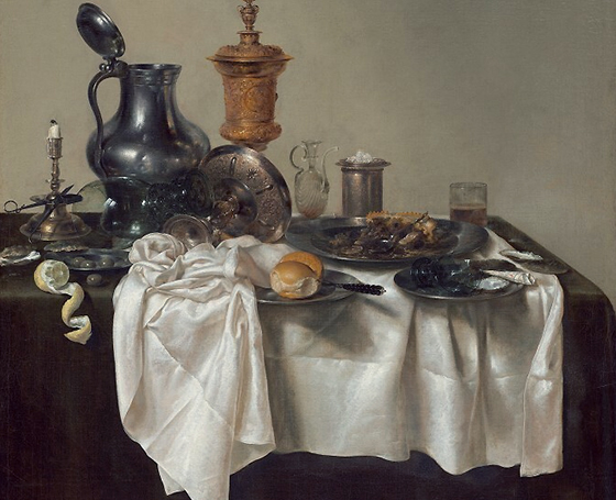 An almost photo-realistic still life painting. There is a dinner table topped with dishes and what appears to be the remnants of a large meal. The table cloth has been partially removed from the table. The scrunched and folded material drapes in extremely realistic ways.