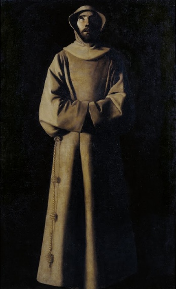 A monochromatic painting with browns. Saint Francis almost appears to be a wooden carving. He stands in religious robes, looking toward the heavens.