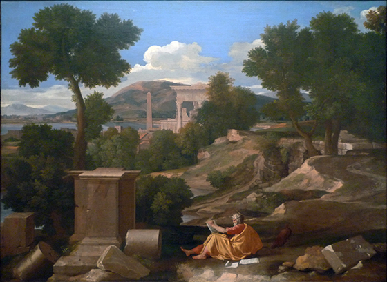 Saint John sits reclined on the ground while writing with papers to his left side. Behind him is a landscape with trees, mountains, and ruins of buildings.
