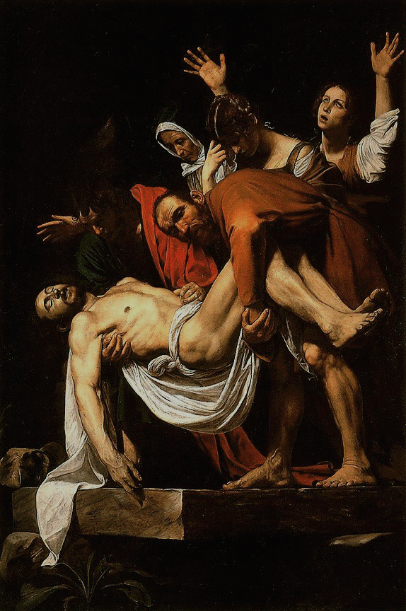 Nicodemus and Joseph of Arimathea hold Christ’s body as they lay it down inside a tomb. Mary Magdalene, Christ’s Mother Mary, and another woman mourn behind them.