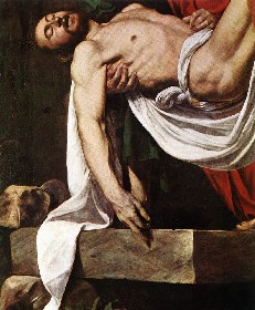 In this detail, we focus on Christ. His arm falls to the side naturally, and his head is limp.