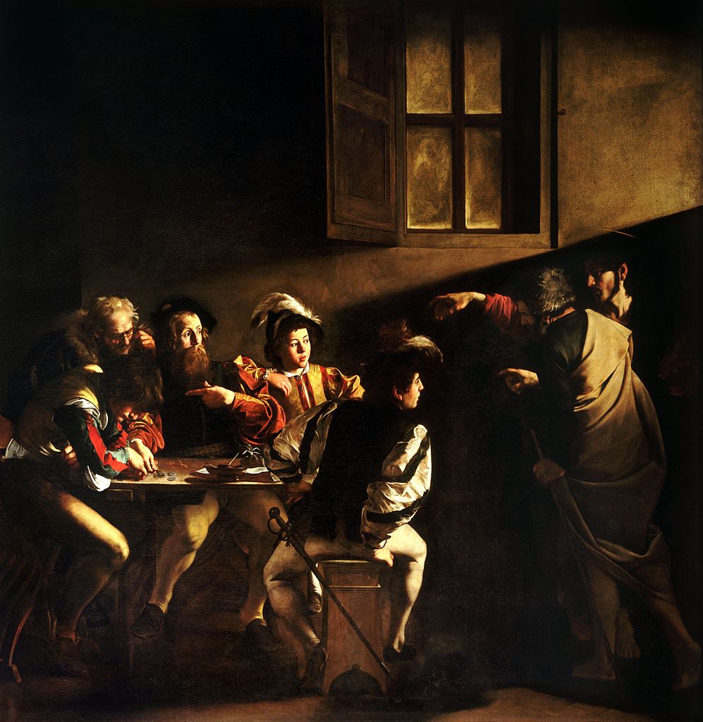 Five men sit at a table, counting coins. A sixth man stands to its right, with Christ standing behind him. The painting is dark, with deep shadows. However, a light enters the room, pointing at Saint Matthew as Christ does the same with his hand. Matthew points to himself, as if to confirm it is him that Christ is indicating.