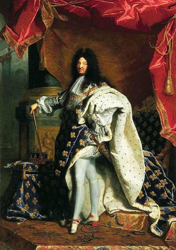 Retrato de Luis XIV. Louis está de pie túnica de terciopelo y pieles, una mano sobre una cadera, la otra sosteniendo un bastón.
