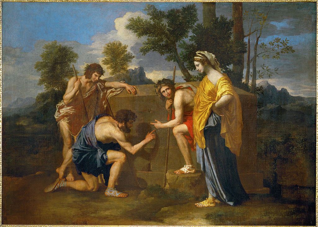 Three shepherds gathered around a tomb. They hunch over looking at the working of the stones. A woman stands to one side of them, seemingly ambivalent to their actions. All four figures are dressed in ancient Roman attire.