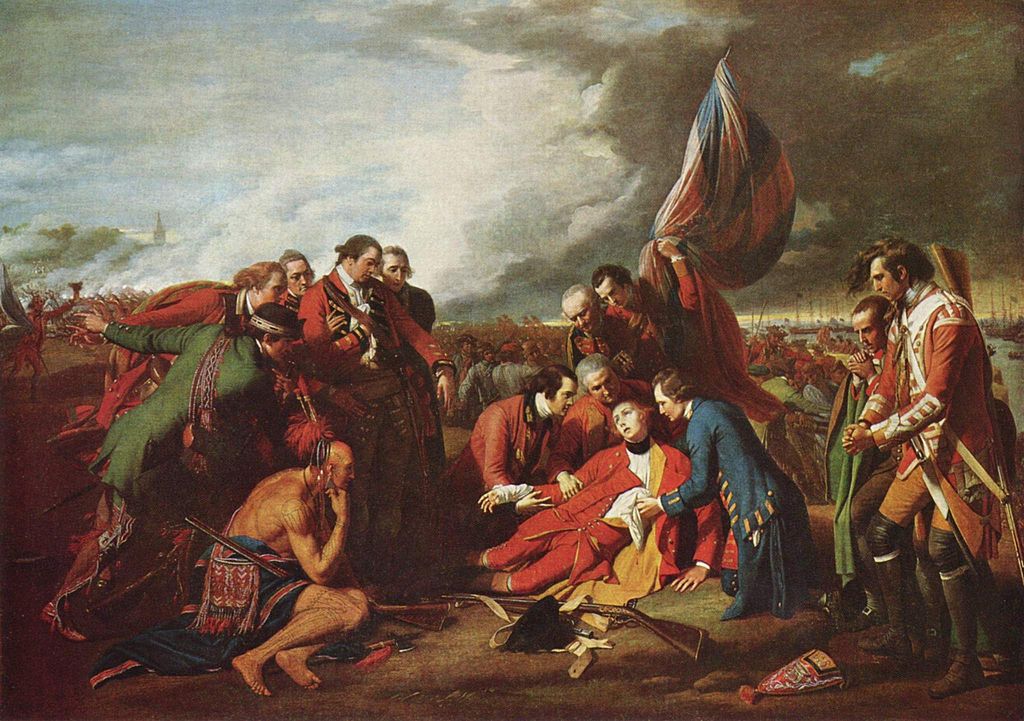 General Wolfe lies on the ground, the upper half of his body supported by three men gathered around him. Another two men stand above, looking intently at the dying general. Two men stand to the right, praying. To the left on the general are an additional six men, one of who is a Native American. One of the white men appears to be fainting from despair, while the men on either side of him prevent him from falling. A battle scene is featured in the background, but the focal figures seem ignorant of it.