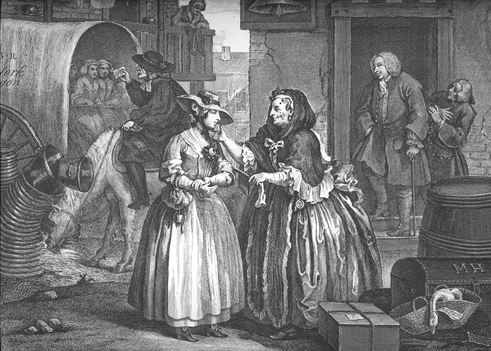 In the foreground, a beautiful young woman stands in front of an older woman, who is examining the younger’s face. The older woman is larger and has prominent moles on her face. In the background two men stand in a doorway and appear to be ridiculing a pastor who is preaching from horseback.