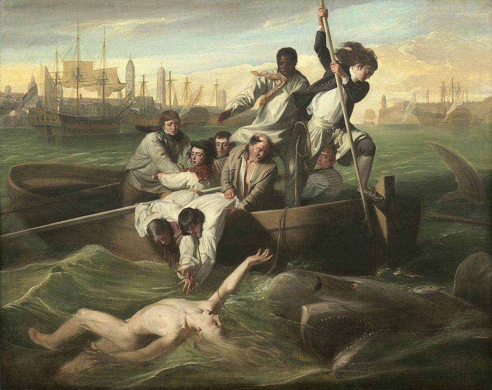 Watson, a nude figure in the water, reaches one hand out of the ocean for aid. There are nine men in a row boat. Four are rowing, two are reaching for Watson, while a third holds them in the boat. One man stands with his foot on the edge of the boat, attempting to spear the shark, while the last man, who is black, throws a rope to Watson. The shark appears to the the size of the row boat, and is swimming at Watson, its open mouth just a few feet from the man.