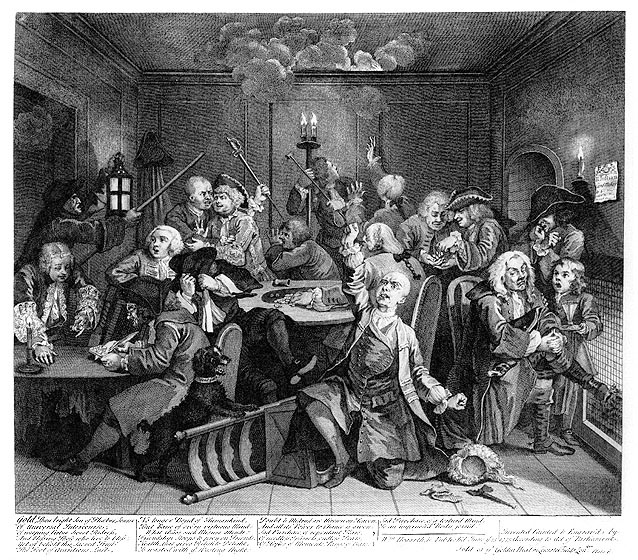 Groups of men around three different tables. One man has thrown his wig and chair on the floor in despair. The candles in the back of the room appear to have caught the ceiling on fire, and smoke billows while a few men attempt to fight the fire. Most of the men, however, do not notice.