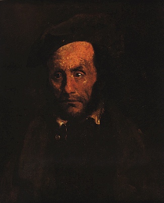 A middle aged man with scarring on his face. This portrait is noticeably darker than others in the series. The man's clothes blend into the background.