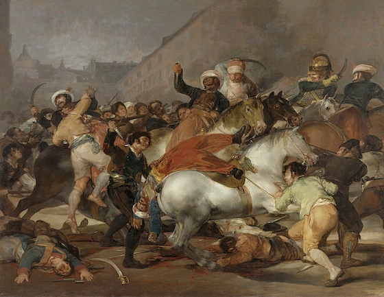 Una escena de batalla; hombres tanto a pie como a caballo pelean. El foco central es un hombre deslizándose de su caballo mientras otro le apunta con una daga.