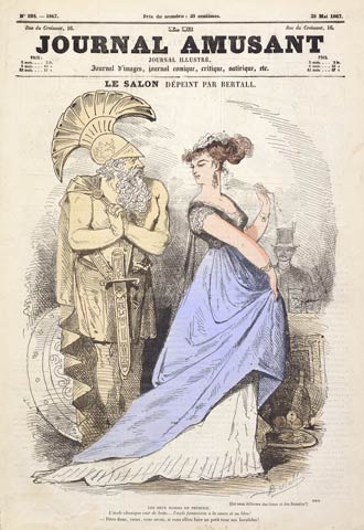 A woman in fashionable dress looks over her shoulder, scowling at a man dressed in stereotypical roman centurion garb.