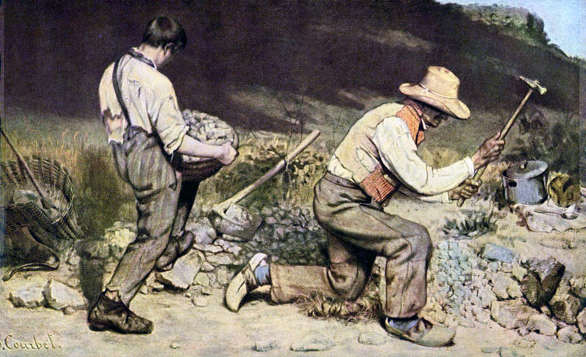 A man swings his hammer down on a rock, while his young son behind him carries a large rock. Another hammer, presumably the son's, lies in the background.