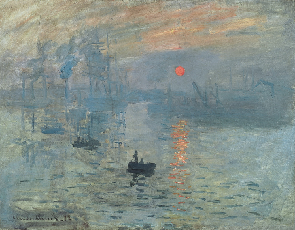 A impressionistic ocean scene-scape. The painting is entirely composed of muted pale blues, except for a row boat—which is dark blue—and the rising sun, which is orange. The sun gives its orange light in a reflection on the water and radiating into the clouds.