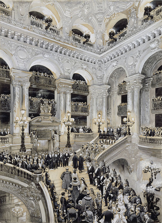a depiction of the opening day of the opera, with people filling the stairs and flowing through the room.