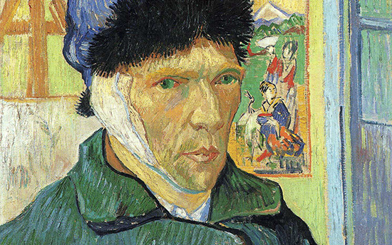 Detail of Van Gogh's face. The artist has a solemn expression. In the painting, he has used greens and blues to indicate shadow.