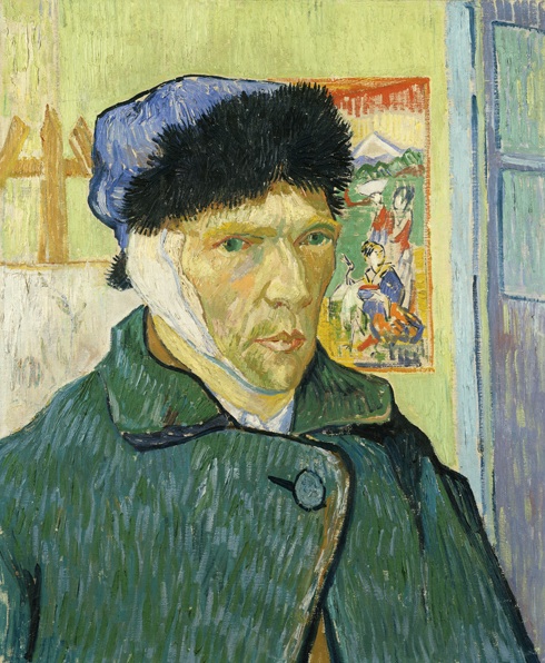 A self portrait. Van Gogh is wearing a fur-lined hat, and a dark green jacket. Behind him on the wall, a Japanese portrait is hanging up. The portrait features two women, one crouching an the other standing. The two women are depicted in far less detail than Van Gogh's face.