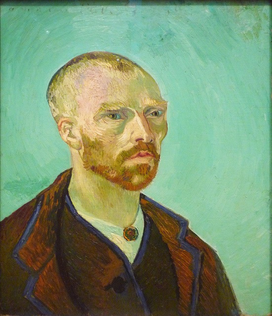 Van Gogh bust portrait. He is wearing a maroon jacket and depicted in front of a solid bluish-green background. Van Gogh is bare-headed, and has a beard. His face is angular, with an especially sharp nose.