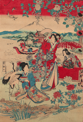 Three women are featured in the foreground of the print, while two can be seen in a boat in the background river. The three women in the forefront are all at different levels: one is standing and looking to the sky, another is kneeling, while looking back at the standing woman. The third is bending over a table that stands behind the two women. The color pallet is simple, using primarily a blue, a pinkish red, and hints of pale aqua. The scene is framed with flowers and birds.