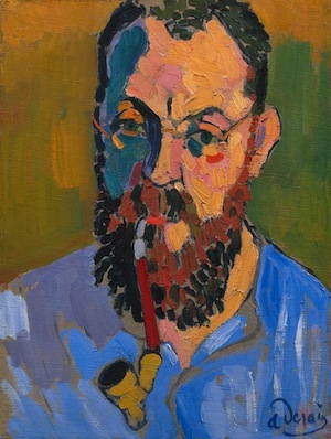 Matisse fumando una pipa. Los trazos de la pintura son amplios y claramente visibles, con crestas elevadas que crean una textura más áspera en el rostro del artista.