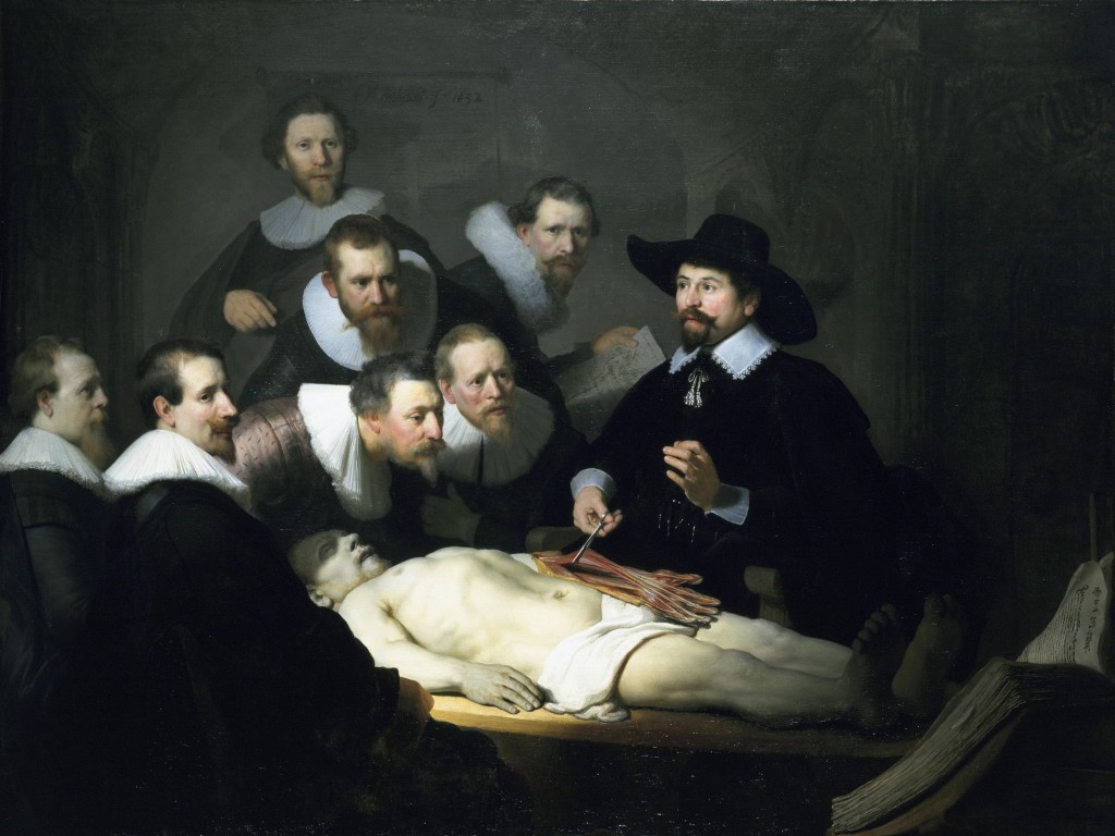 Siete hombres, todos vestidos con ropa formal de erudito, se reúnen alrededor de un cadáver. El doctor Nicolaes Tulp ha abierto el brazo del cadáver y está mostrando la musculatura y la estructura ósea.