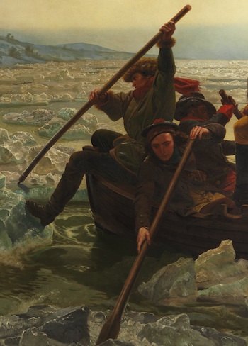 Un hombre que vestía un capó escocés, un hombre de ascendencia africana y un hombre con sombrero de piel rompiendo el hielo bloqueando el camino del barco.