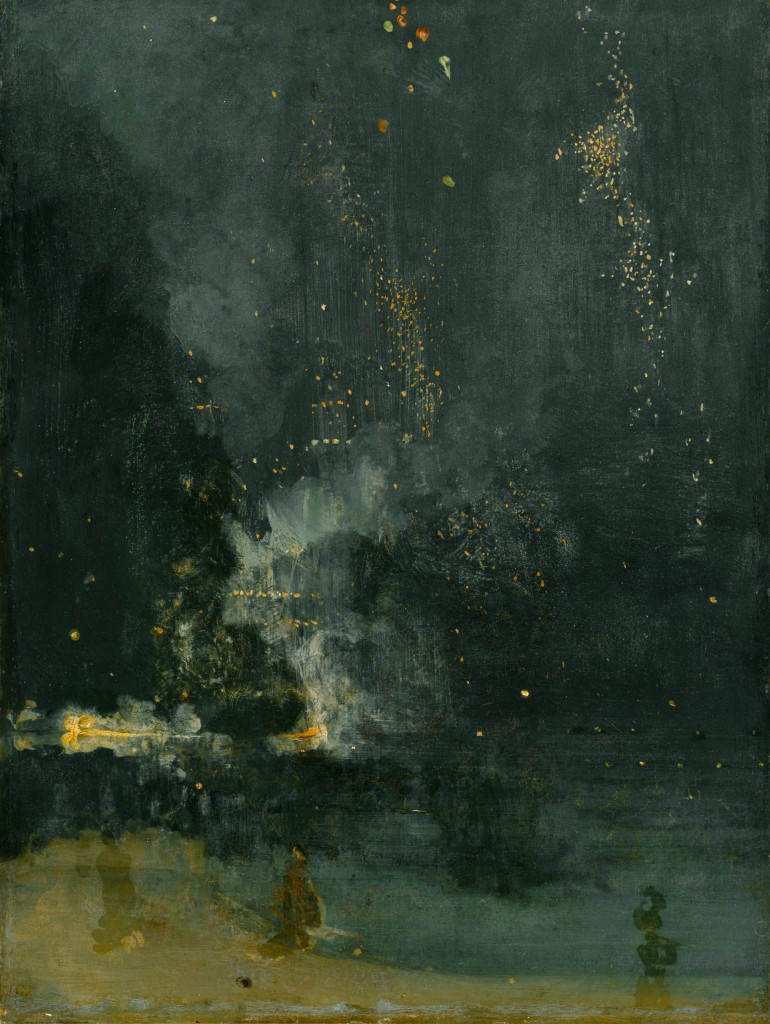 Una pintura abstracta que presenta un fondo principalmente negro con reflejos dorados y azules tenues. Se sugiere un cuerpo de agua con algo masivo flotando en su superficie.