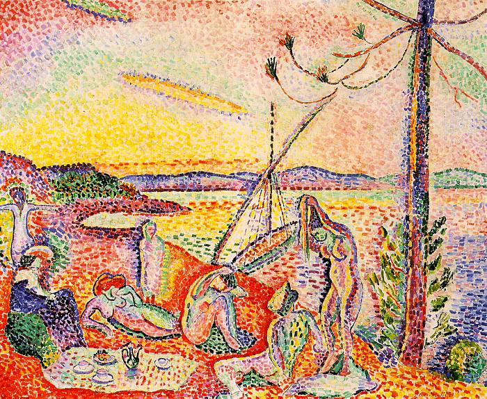 The entire painting is made up of points or circles of vibrant primary and secondary colors. A scene of seven nudes, appearing to be women, or feminine in shape. They stand on a beach with body of water to their right. Mountains can be seen in the far distance.