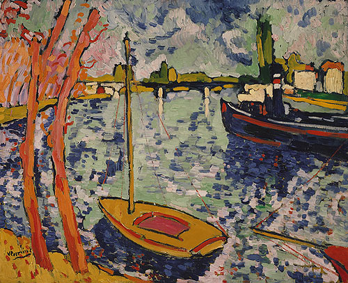 A boat on a river. The river curves sharply, and its left bank is lined with trees. The colors of the painting are bright—the trees almost orange, and the boat is red and yellow. The sky and river are made with the same blues, aquas, and whites. The strokes, especially in the sky and river, are broad and short.