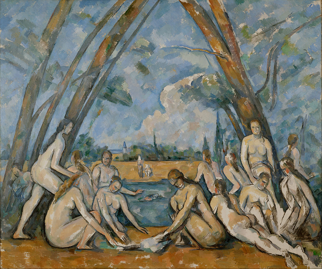 A dozen nude women sitting at the edge of a bathing pool. The women are gathered in two groups, angled toward the others. Trees grow up behind each group, and the trees angle toward each other as well, creating a diamond shaped frame around the pool. The coloring of this painting is more naturalistic.