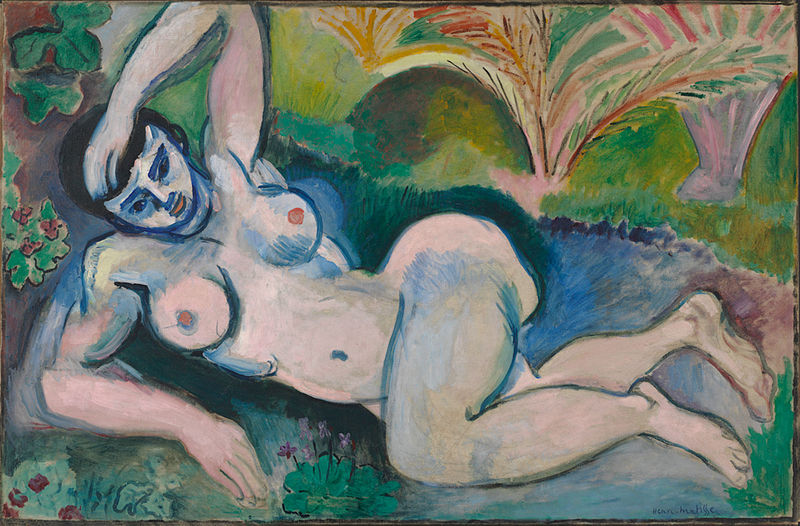 A nude female painting. The figure is blue and a little abstract. The woman reclines, leaning on one arm with the other thrown over her head.