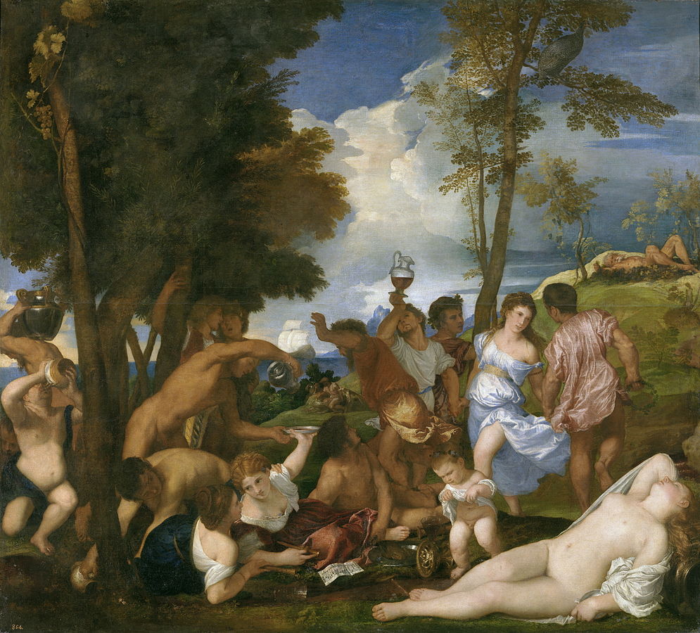 A gathering of individuals on a hill in various states of dress. Some are fully clothed, some have lost some of their clothing, while others are full nudes. The main group of individuals in the foreground of the painting are reveling and drinking. In the bottom right corner of a the painting, a woman reclines fully nude. In the background of the painting, a full nude man lies on the ground at the base of a small tree.