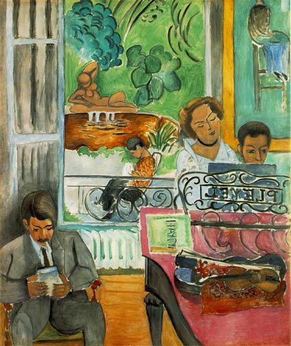 A young man sits at a PLEYEL piano, while an older woman stands behind and instructs him. An older man, possibly the student’s father, sits on the ground smoking and reading. The rear of the room has a large open window. Through this window, there is a fountain, with a female nude statue reclining in the center. A young child sits on a bench in front of the fountain.